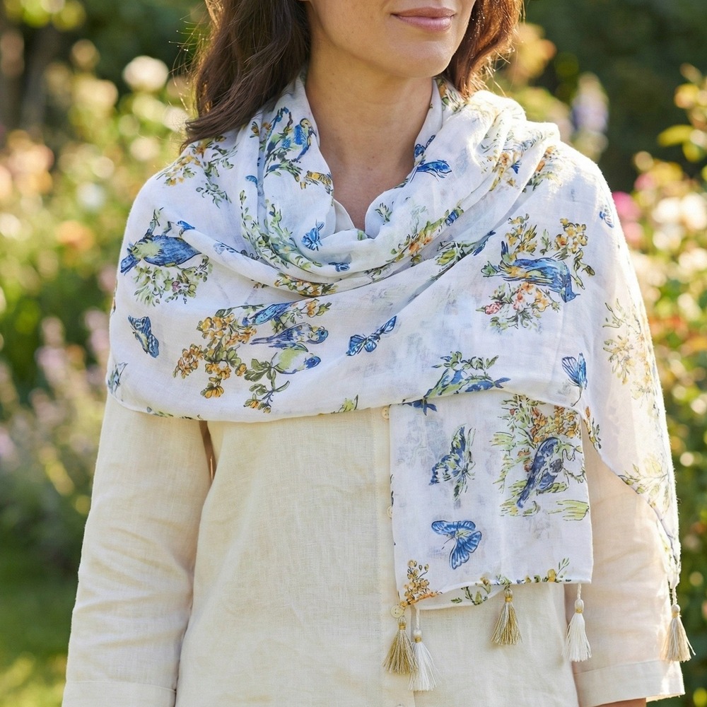 Bird Butterfly Floral Scarf‎ Wrap White Gold Tassel Fringe Cottagecore Nature